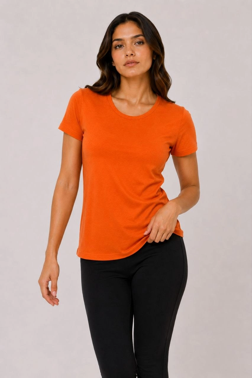 Kadın 3 lü Kısa Kollu Bisiklet Yaka Basic Slim Fit T-Shirt - Kırmızı - Turuncu - Bej
