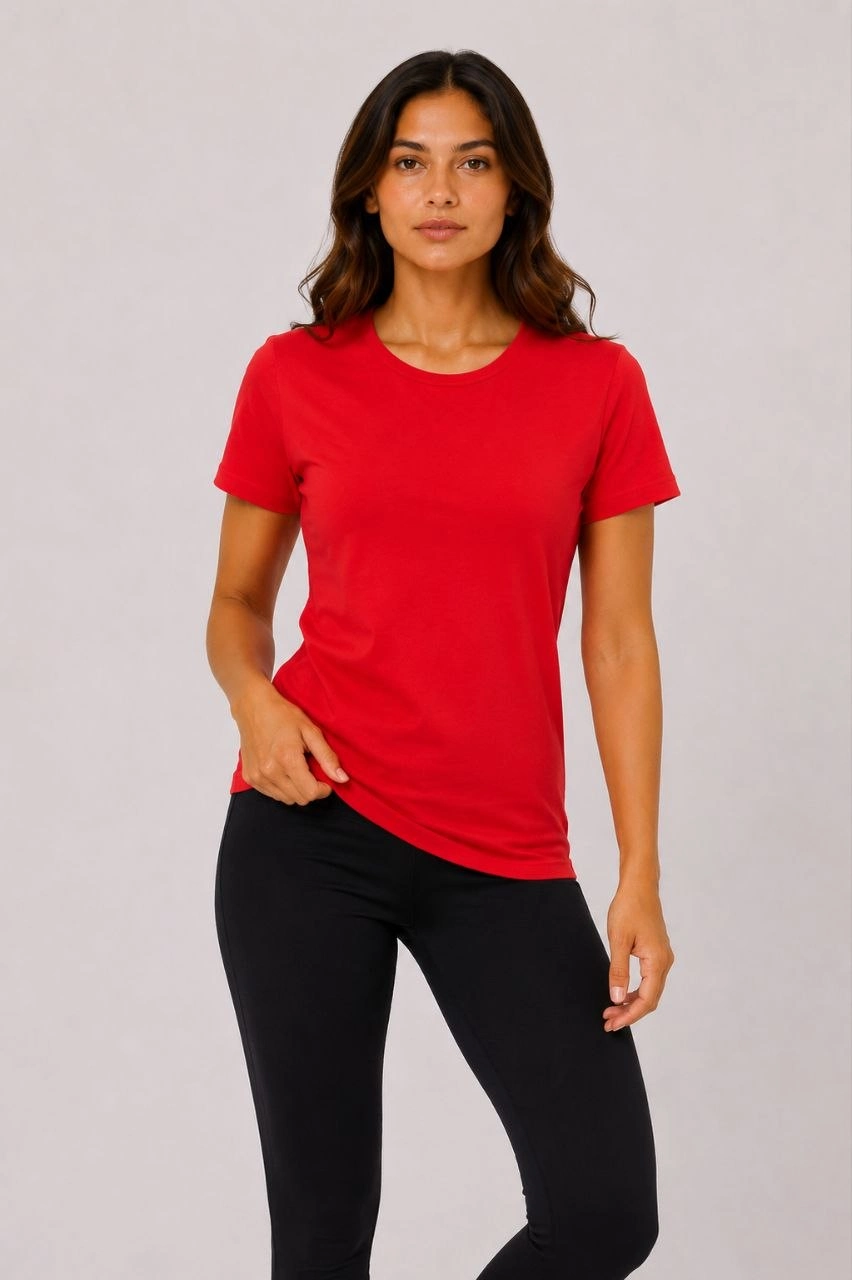 Kadın 3 lü Kısa Kollu Bisiklet Yaka Basic Slim Fit T-Shirt - Kırmızı - Turuncu - Bej