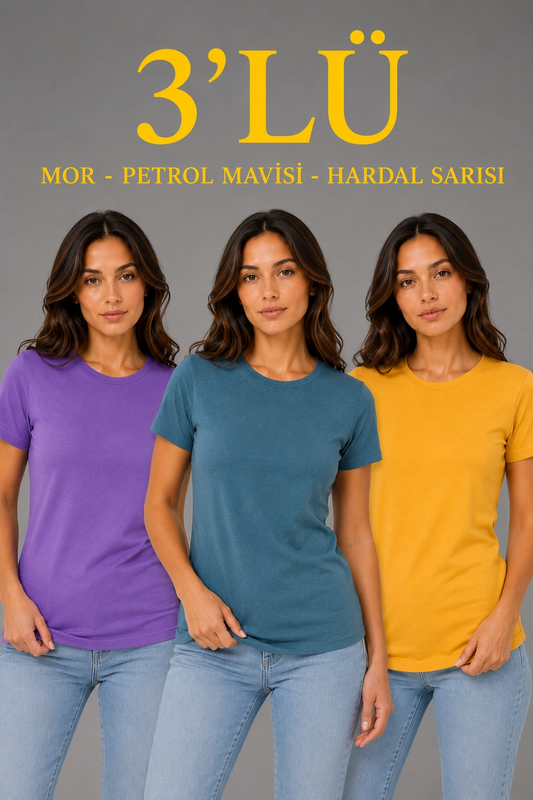 Kadın 3 lü Kısa Kollu Bisiklet Yaka Basic Slim Fit T-Shirt - Mor - Petrol Mavisi - Hardal