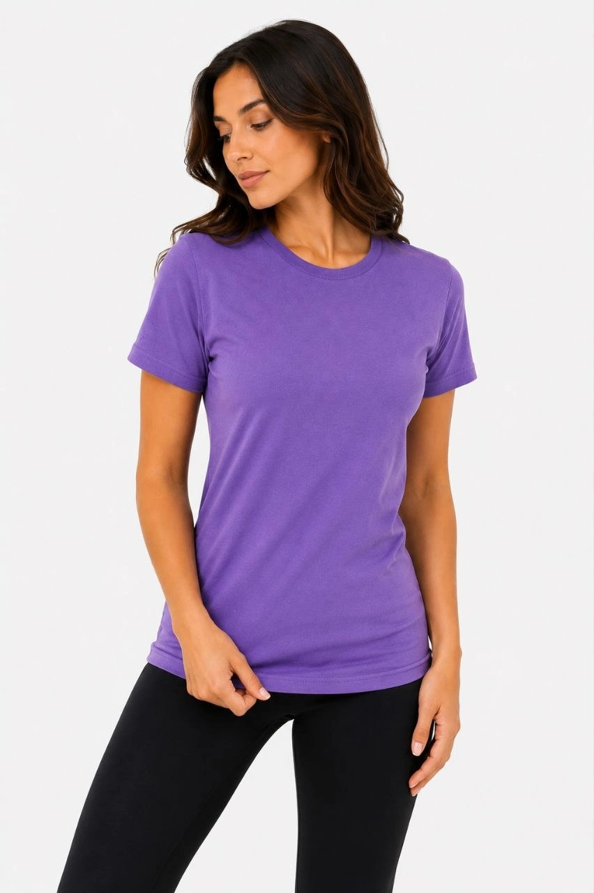Kadın 3 lü Kısa Kollu Bisiklet Yaka Basic Slim Fit T-Shirt - Mor - Petrol Mavisi - Hardal