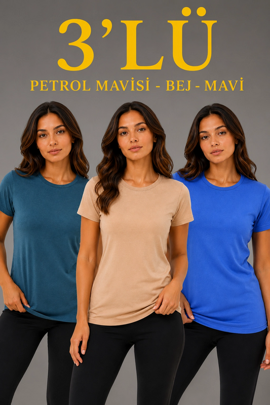 Kadın 3 lü Kısa Kollu Bisiklet Yaka Basic Slim Fit T-Shirt -Petrol Mavisi  - Bej - Mavi
