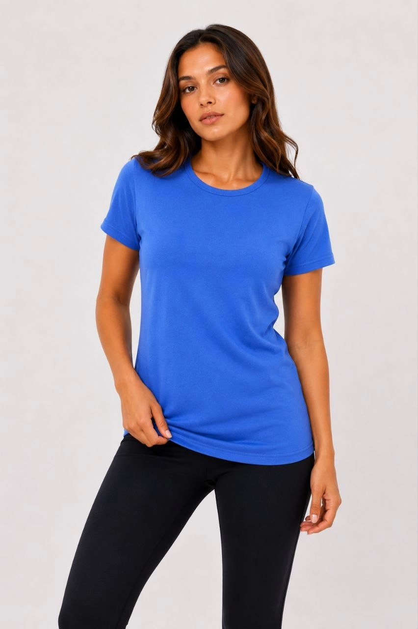 Kadın 3 lü Kısa Kollu Bisiklet Yaka Basic Slim Fit T-Shirt -Petrol Mavisi  - Bej - Mavi