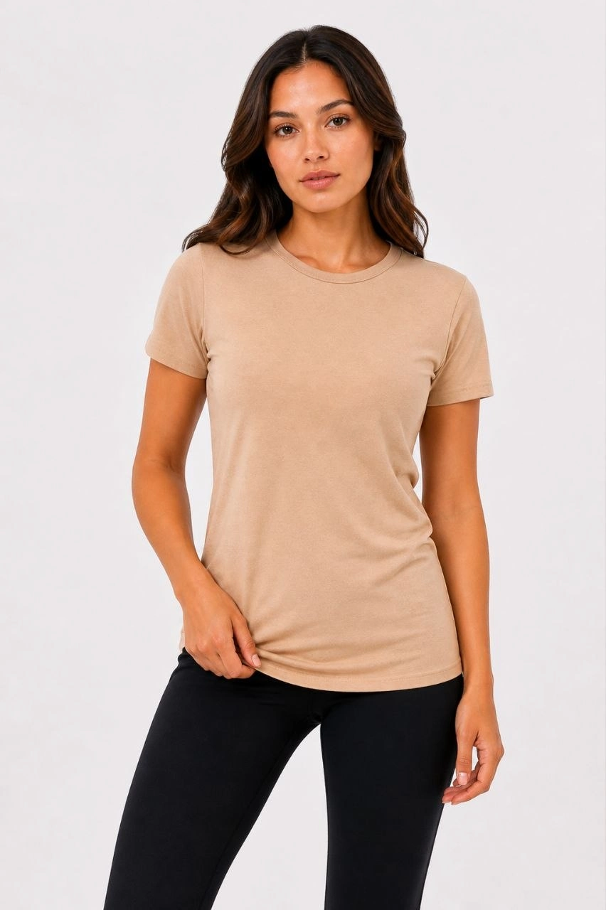 Kadın 3 lü Kısa Kollu Bisiklet Yaka Basic Slim Fit T-Shirt - Pudra Pembe - Mor - Bej