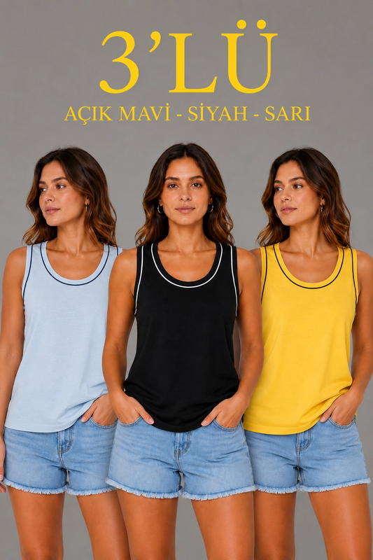 Kadın 3 lü Kolsuz Sporcu Atlet Seti Yazlık Bisiklet Yakalı - Sarı, Siyah, Bebe Mavisi