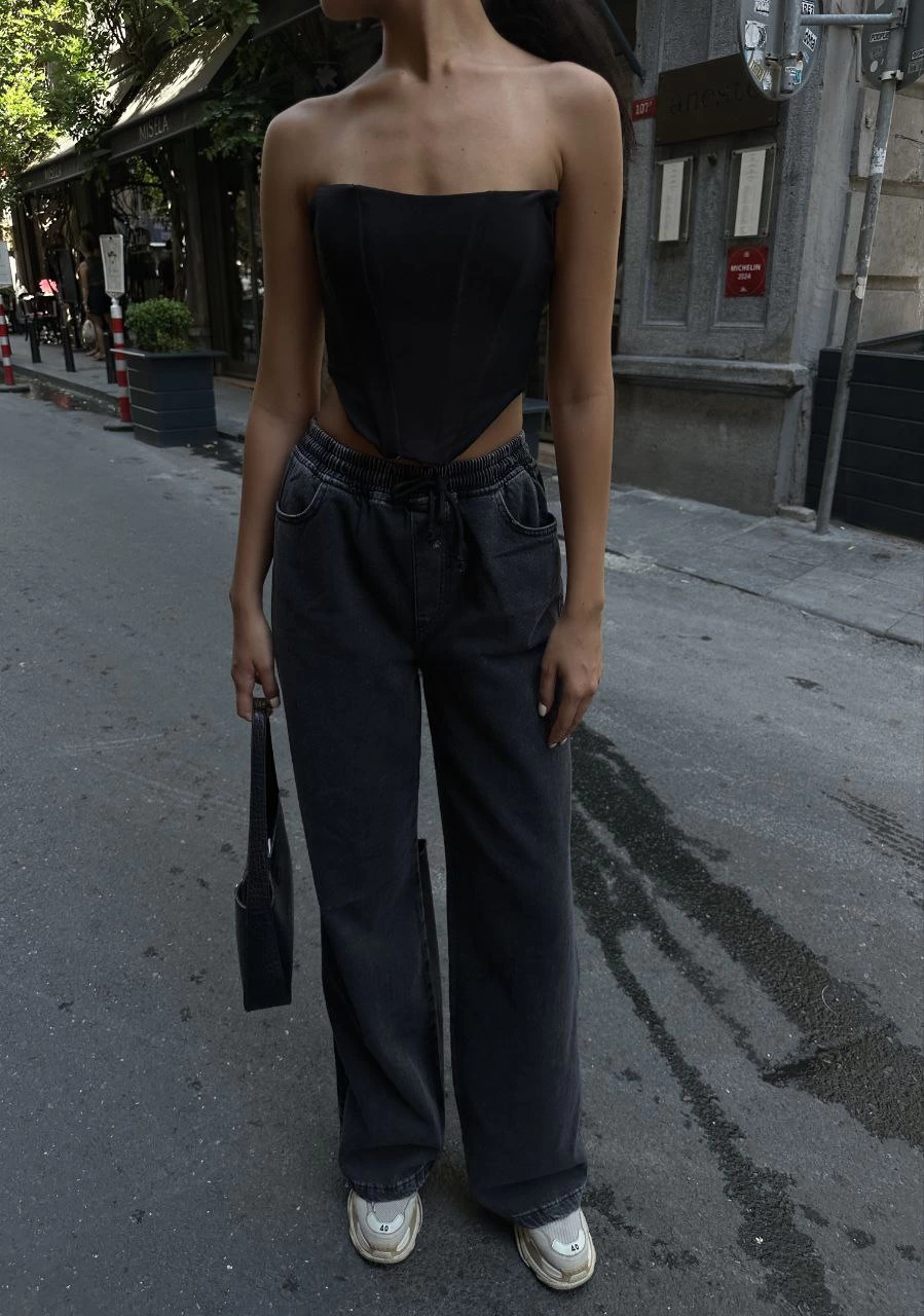 ASSEMA Kadın Arkadan Yırtmaçlı Jeans Kot Palazzo Pantolon - Siyah