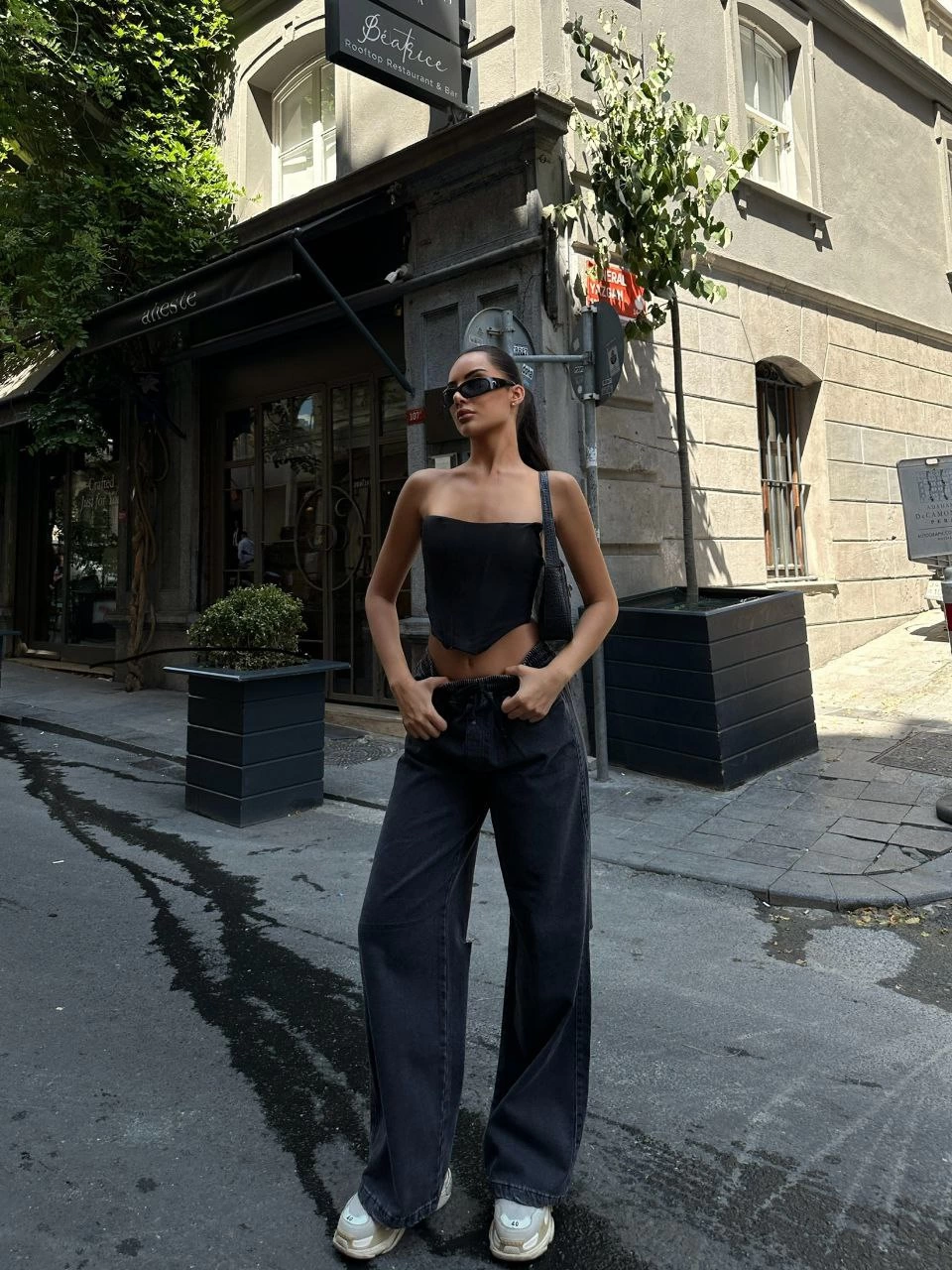 ASSEMA Kadın Arkadan Yırtmaçlı Jeans Kot Palazzo Pantolon - Siyah