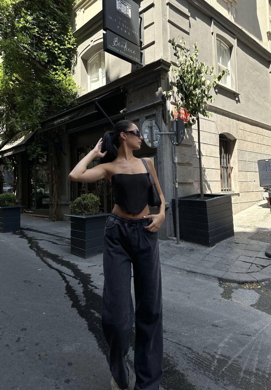 ASSEMA Kadın Arkadan Yırtmaçlı Jeans Kot Palazzo Pantolon - Siyah