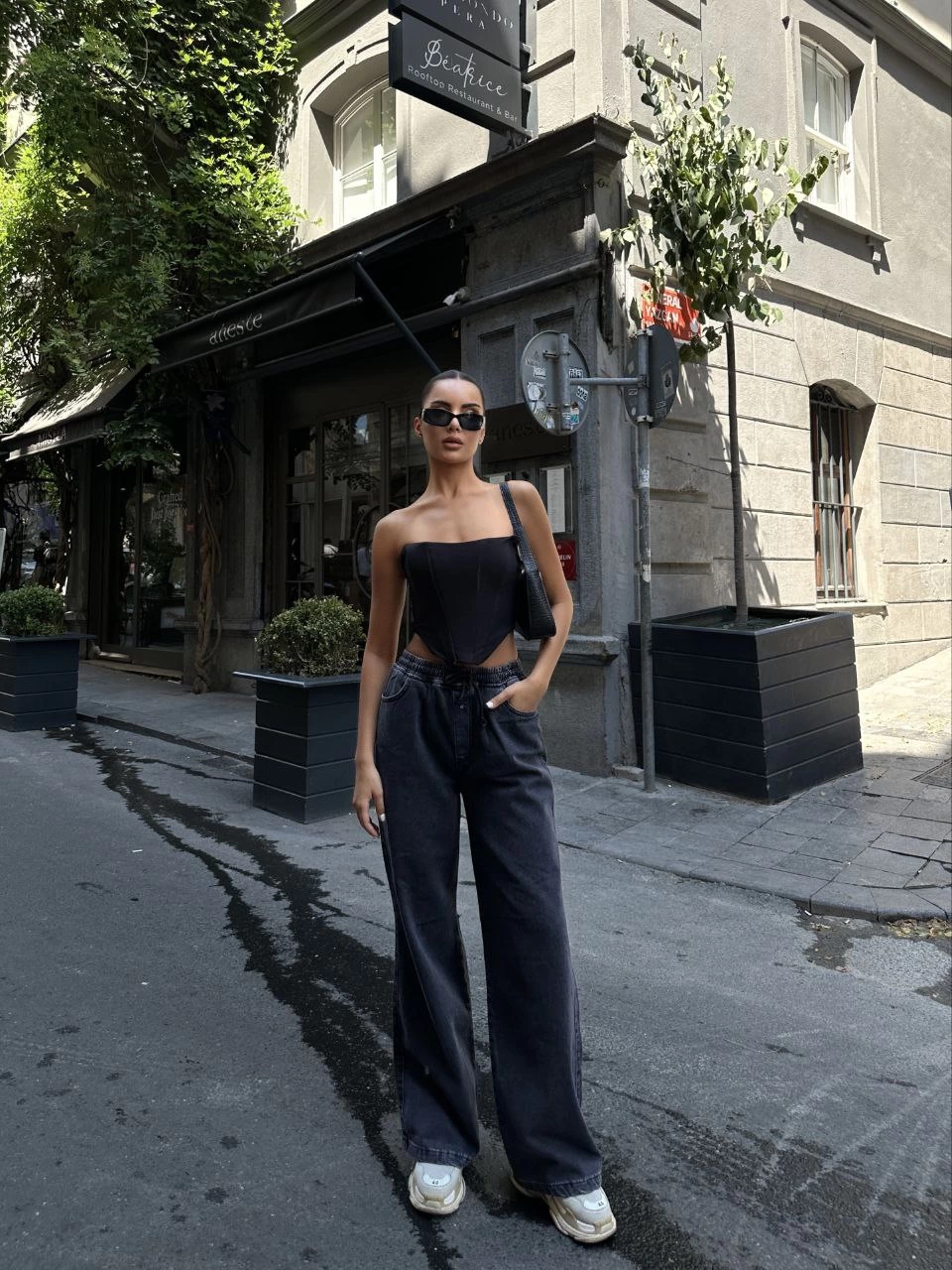 ASSEMA Kadın Arkadan Yırtmaçlı Jeans Kot Palazzo Pantolon - Siyah
