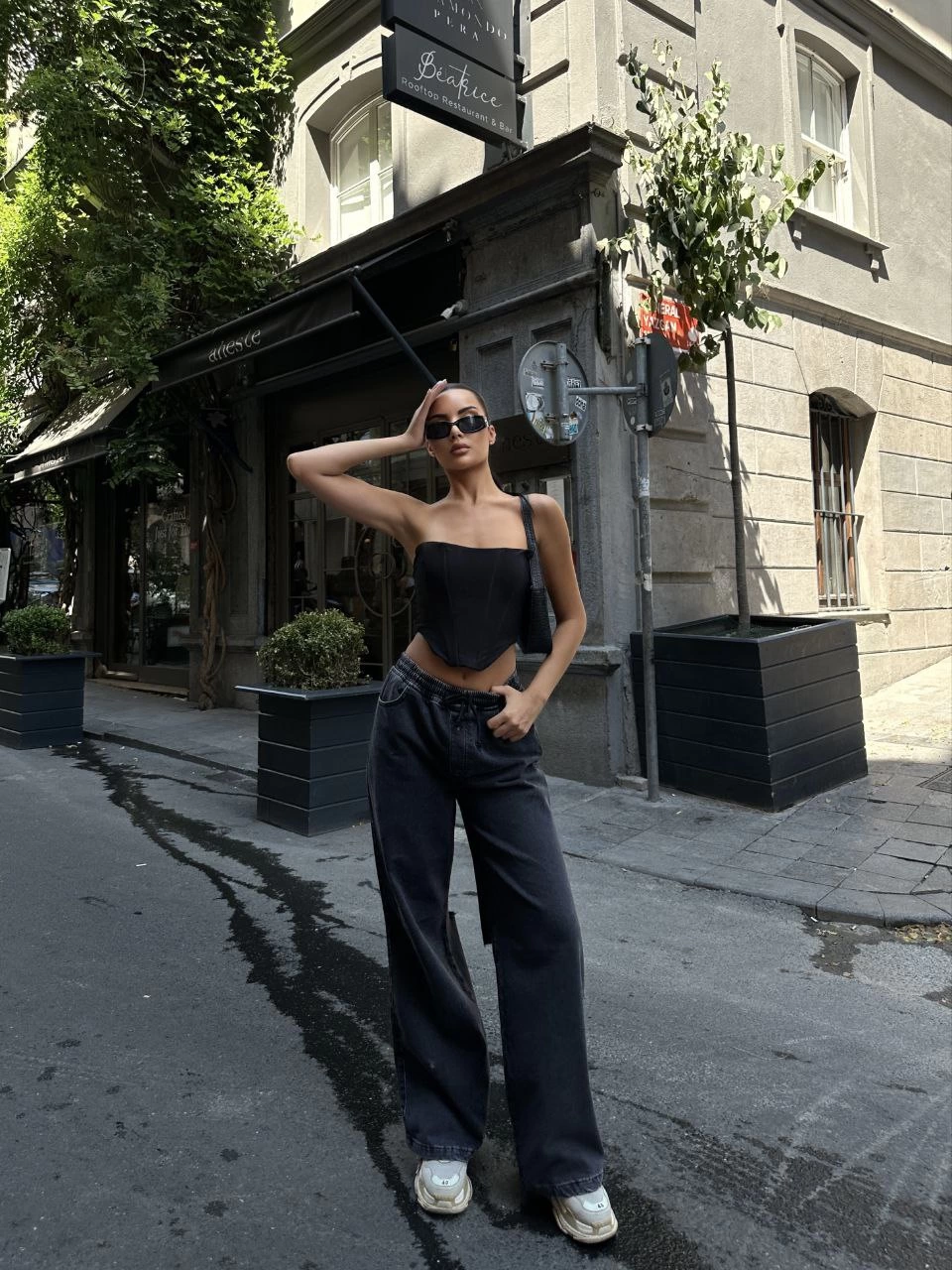 ASSEMA Kadın Arkadan Yırtmaçlı Jeans Kot Palazzo Pantolon - Siyah