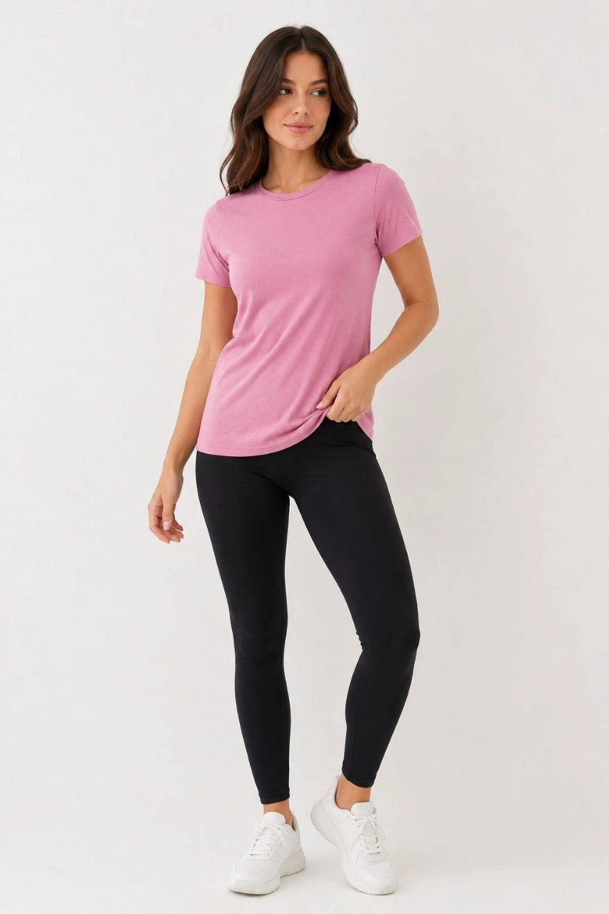 Kadın Basic Bisiklet Yaka Yazlık Slim fit T-Shirt - Pudra Pembe & Turuncu