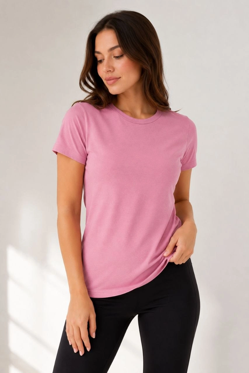 Kadın Basic Bisiklet Yaka Yazlık Slim fit T-Shirt - Pudra Pembe & Turuncu