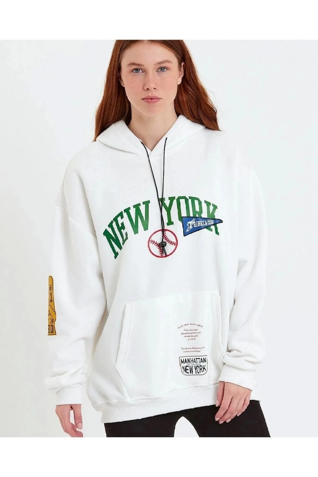 ASSEMA Kadın Baskılı Kapüşonlu  üç iplik pamuklu Sweatshirt - Beyaz