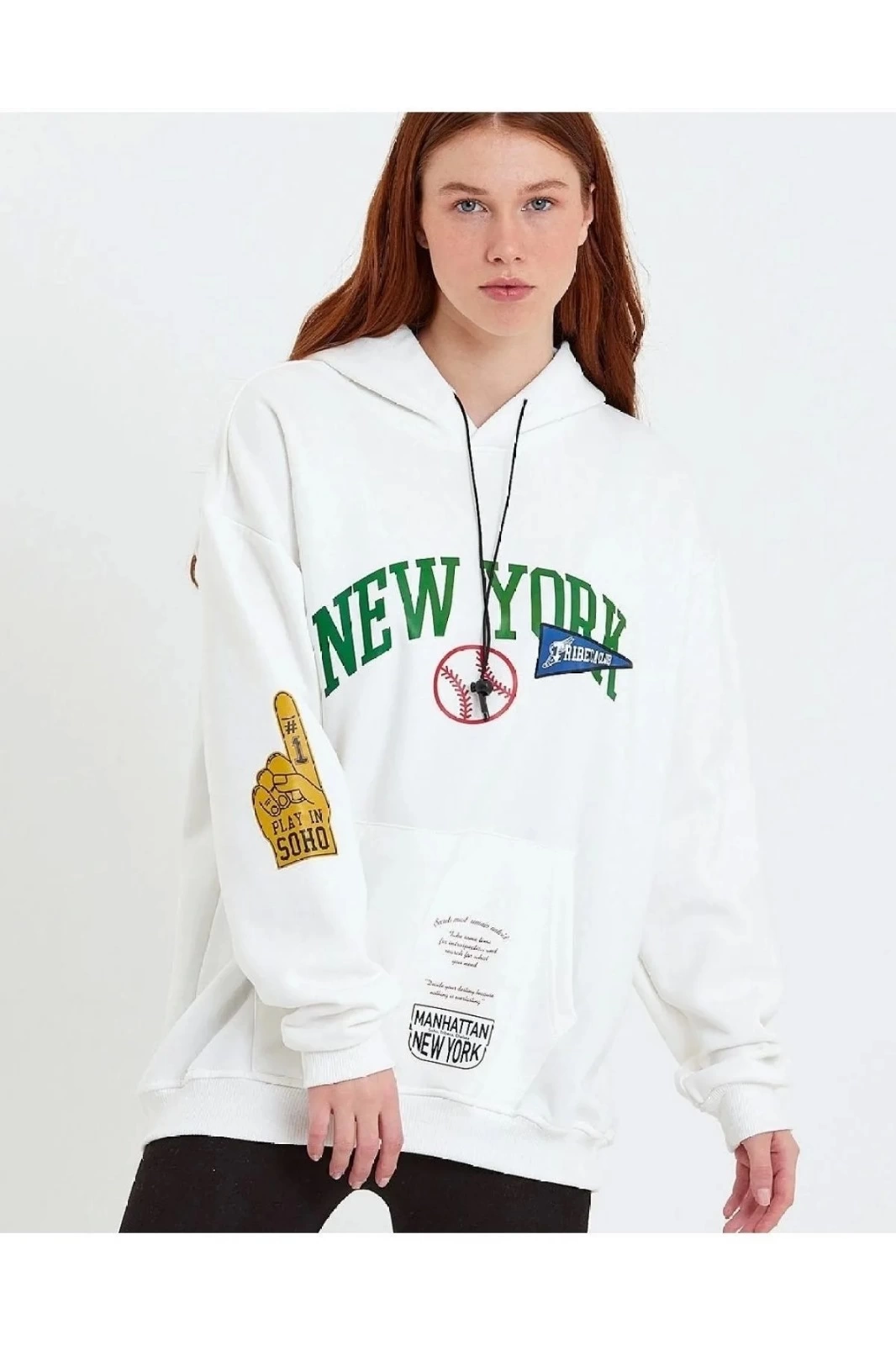 ASSEMA Kadın Baskılı Kapüşonlu  üç iplik pamuklu Sweatshirt - Beyaz