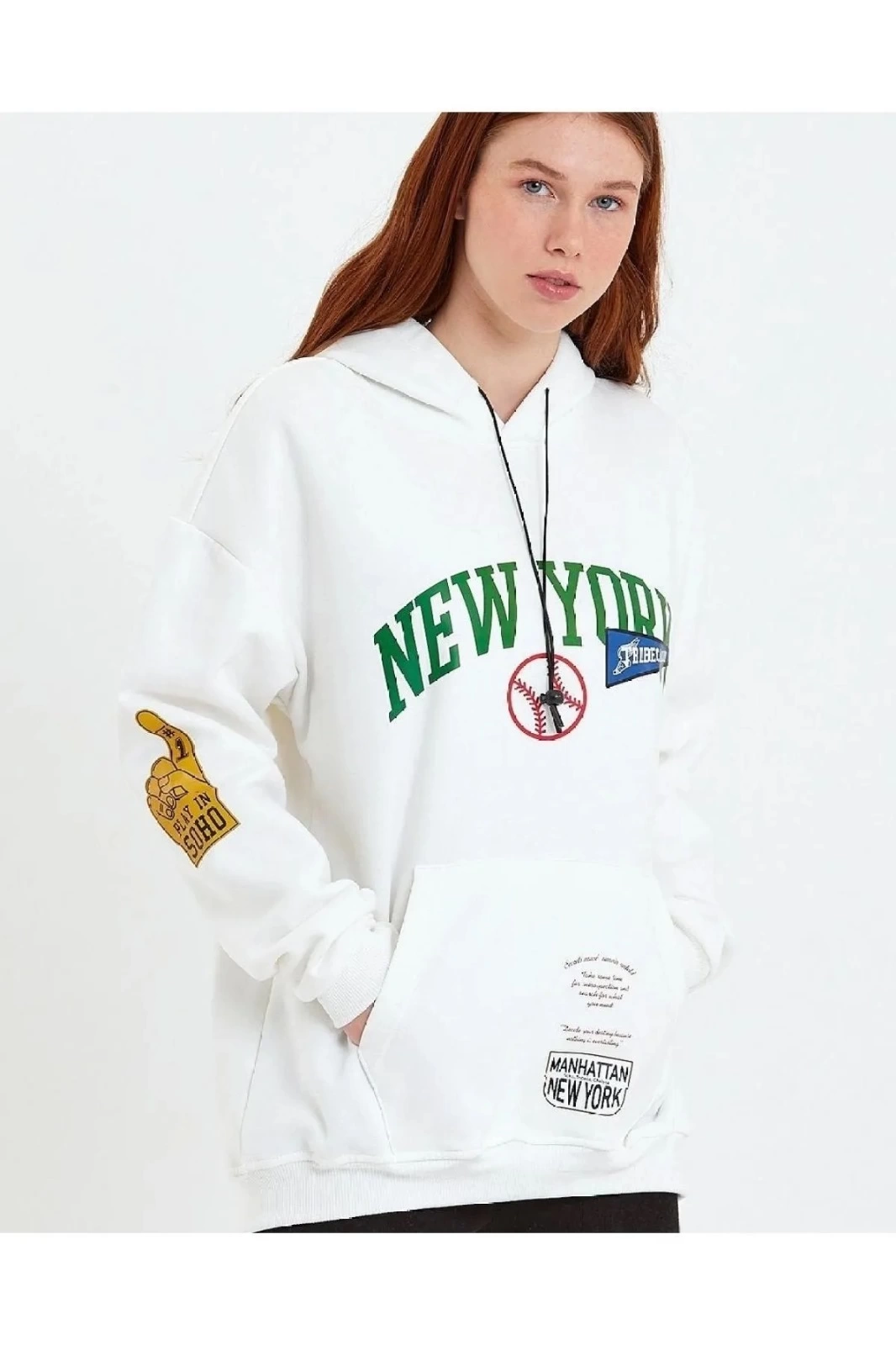 ASSEMA Kadın Baskılı Kapüşonlu  üç iplik pamuklu Sweatshirt - Beyaz