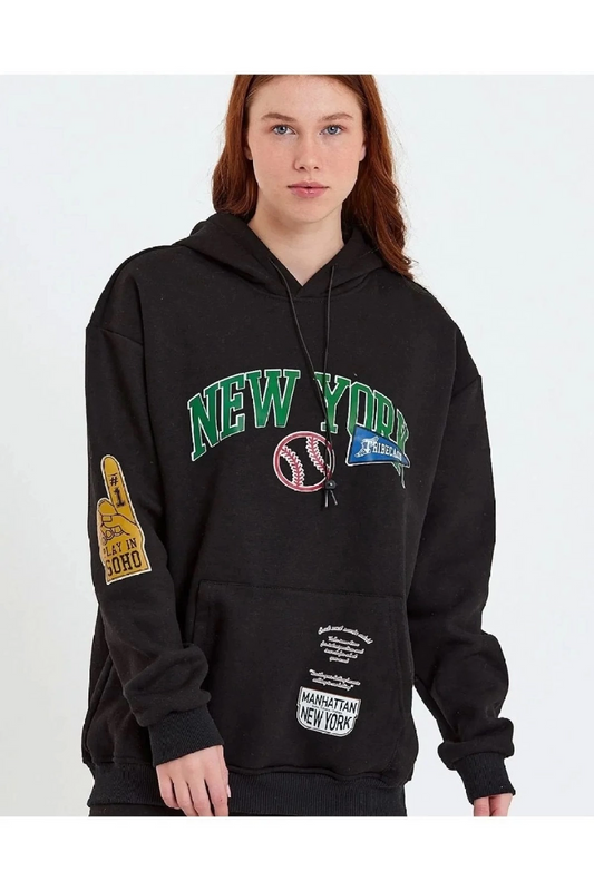 ASSEMA Kadın Baskılı Kapüşonlu  üç iplik pamuklu Sweatshirt - Siyah
