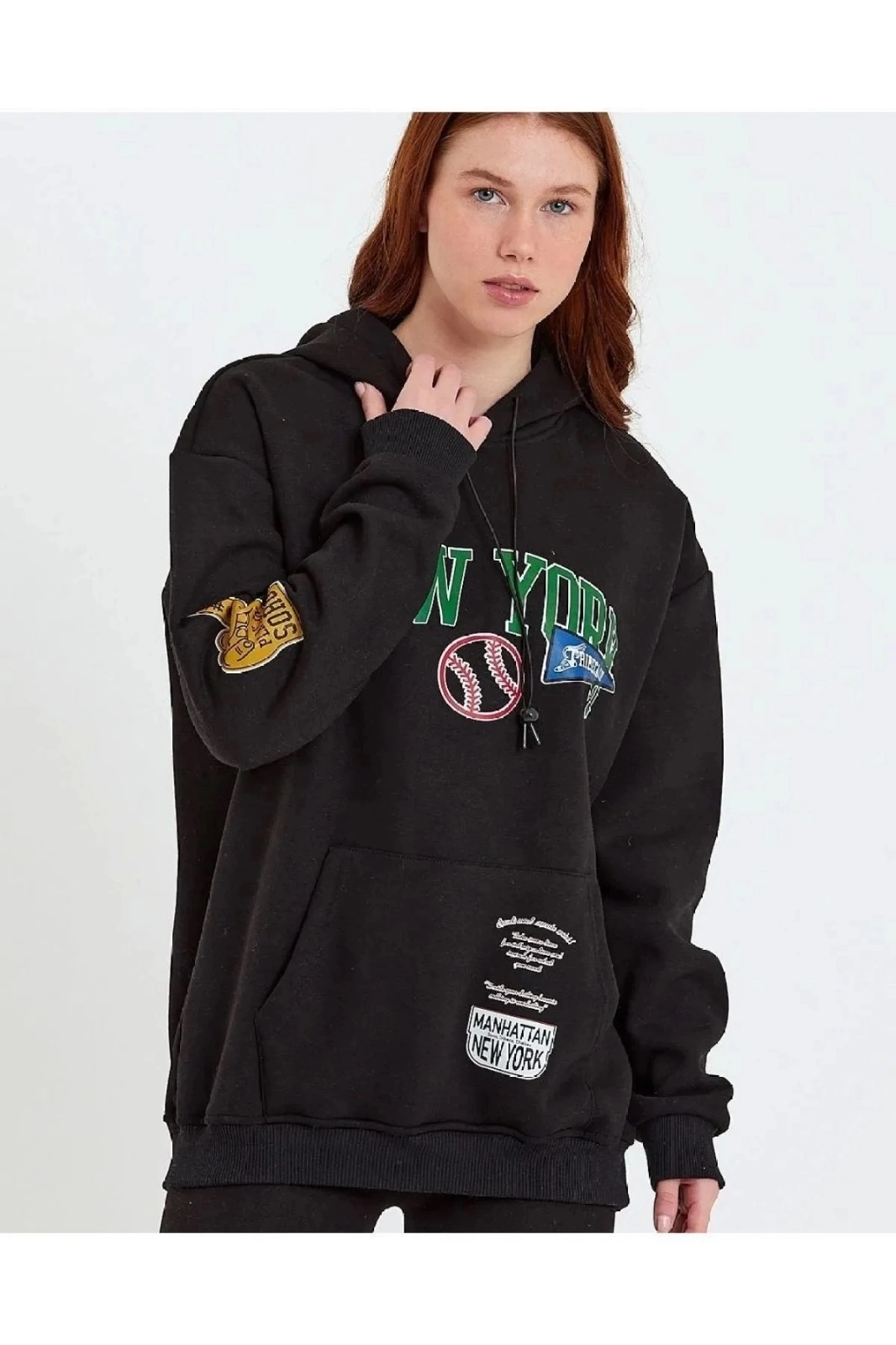 ASSEMA Kadın Baskılı Kapüşonlu  üç iplik pamuklu Sweatshirt - Siyah