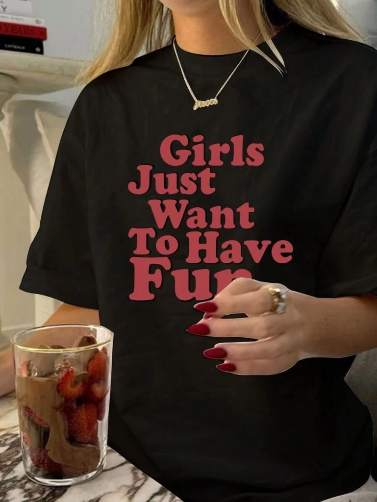 ASSEMA Kadın Baskılı Oversize  Kısa kol T-shirt - Siyah