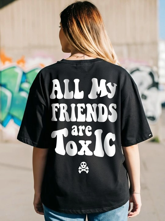 ASSEMA Kadın Baskılı Oversize Kısa kol  T-shirt - Siyah