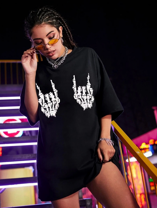 ASSEMA Kadın Baskılı T-Shirt Kısa Kol Bisiklet Yaka Ovarsize Rahat Kalıp Tişört -  Siyah