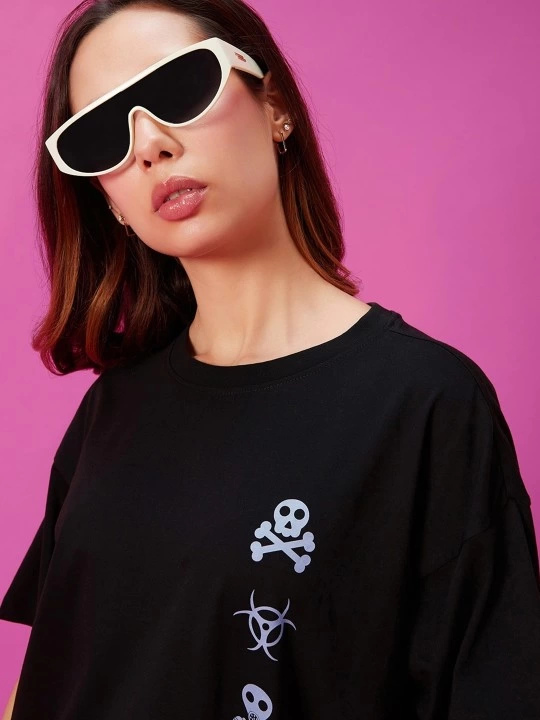 ASSEMA Kadın Baskılı Oversize Kısa kol  T-shirt - Siyah