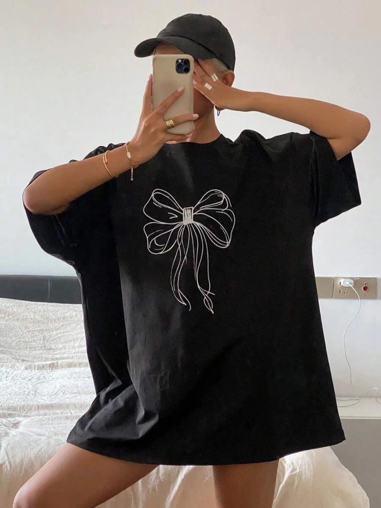 ASSEMA Kadın Baskılı Kısa kol Oversize T-shirt - Siyah