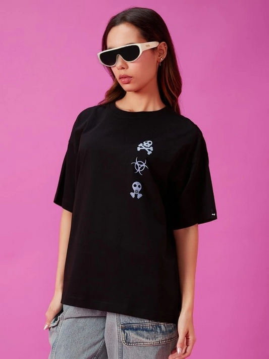 ASSEMA Kadın Baskılı Oversize Kısa kol  T-shirt - Siyah