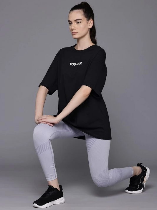 ASSEMA Kadın Baskılı T-Shirt Kısa Kol Bisiklet Yaka Ovarsize Rahat Kalıp Tişört -  Siyah