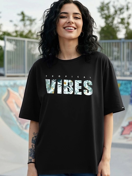 ASSEMA Kadın Baskılı Oversize Kısa kol T-shirt - Siyah