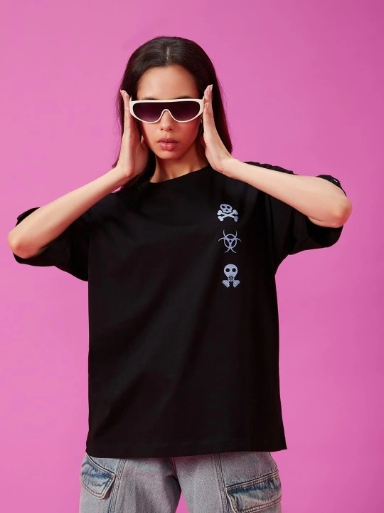 ASSEMA Kadın Baskılı Oversize Kısa kol  T-shirt - Siyah