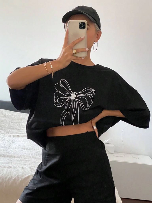 ASSEMA Kadın Baskılı Kısa kol Oversize T-shirt - Siyah