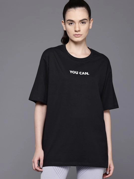 ASSEMA Kadın Baskılı T-Shirt Kısa Kol Bisiklet Yaka Ovarsize Rahat Kalıp Tişört -  Siyah
