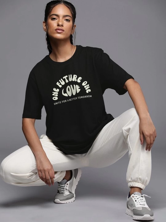 ASSEMA Kadın Baskılı T-Shirt Kısa Kol Bisiklet Yaka Ovarsize Rahat Kalıp Tişört -  Siyah