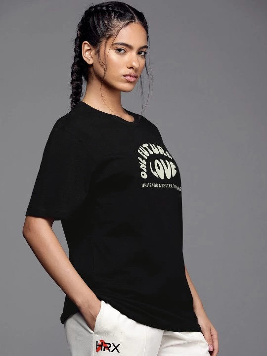 ASSEMA Kadın Baskılı T-Shirt Kısa Kol Bisiklet Yaka Ovarsize Rahat Kalıp Tişört -  Siyah