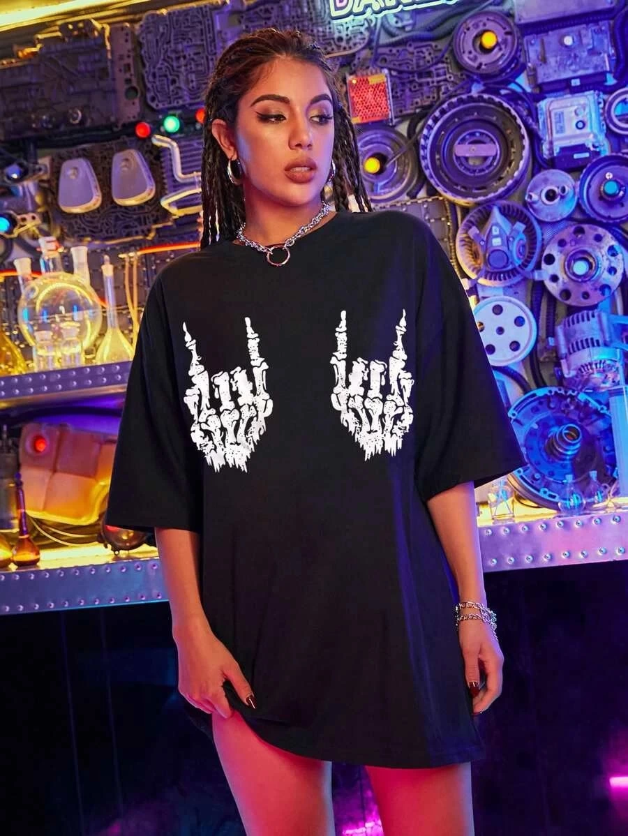ASSEMA Kadın Baskılı T-Shirt Kısa Kol Bisiklet Yaka Ovarsize Rahat Kalıp Tişört -  Siyah