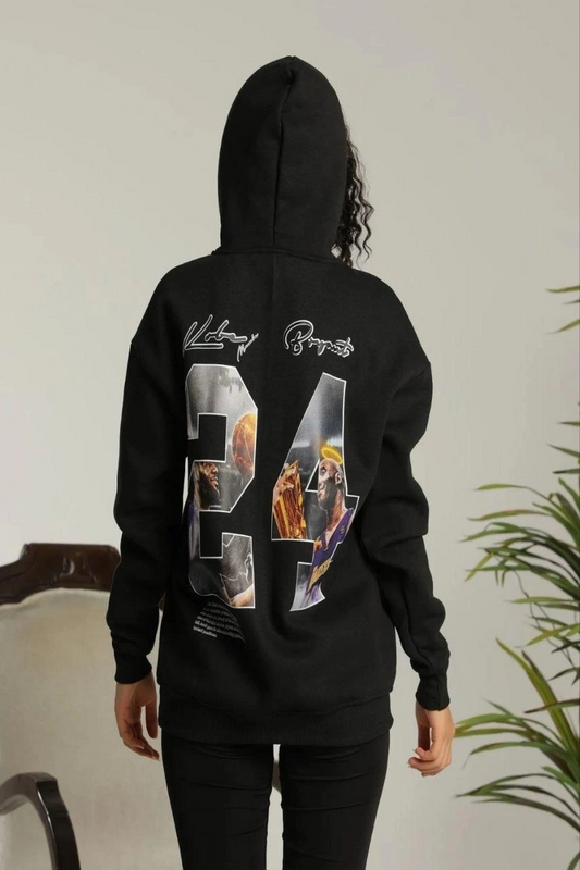 ASSEMA Kadın Baskılı Oversize Üç İplik Kapüşonlu Sweatshirt - Siyah