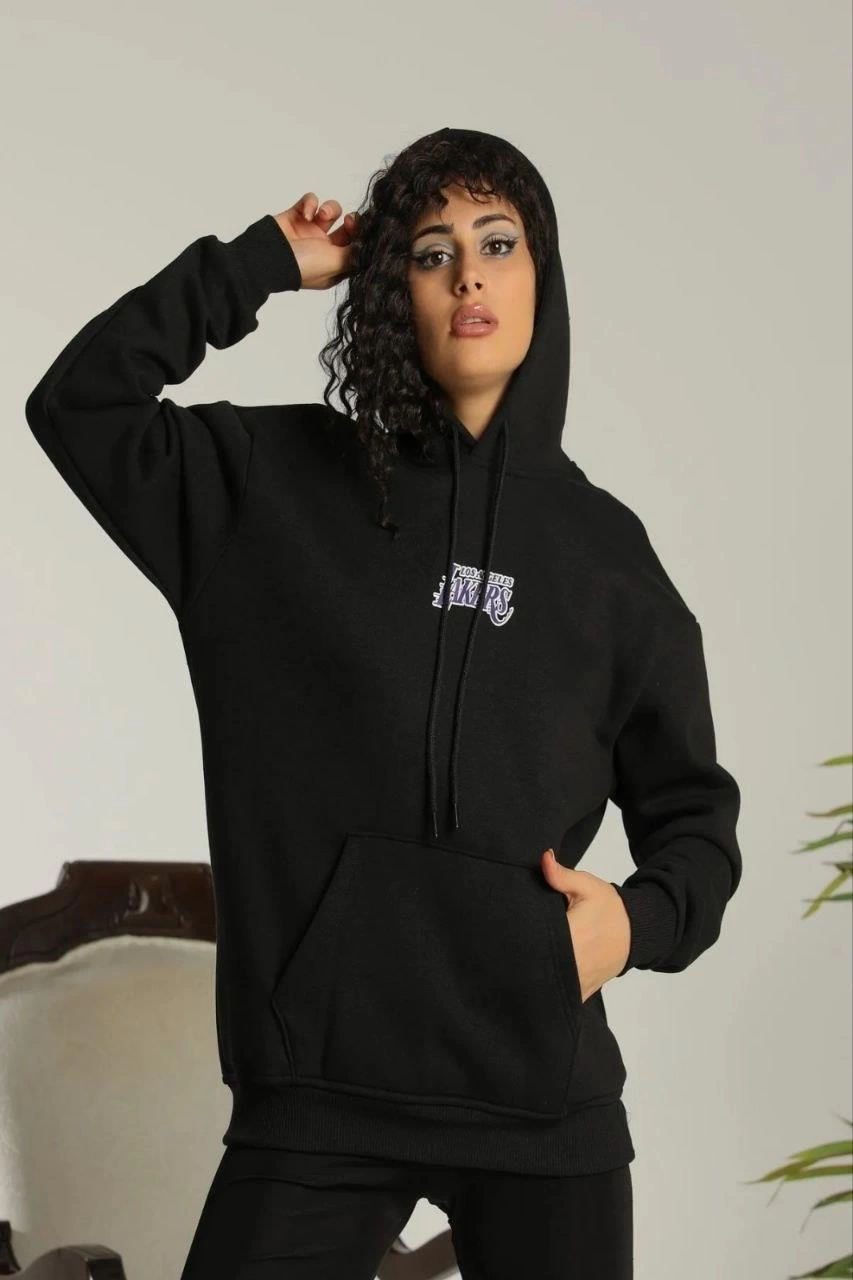 ASSEMA Kadın Baskılı Oversize Üç İplik Kapüşonlu Sweatshirt - Siyah