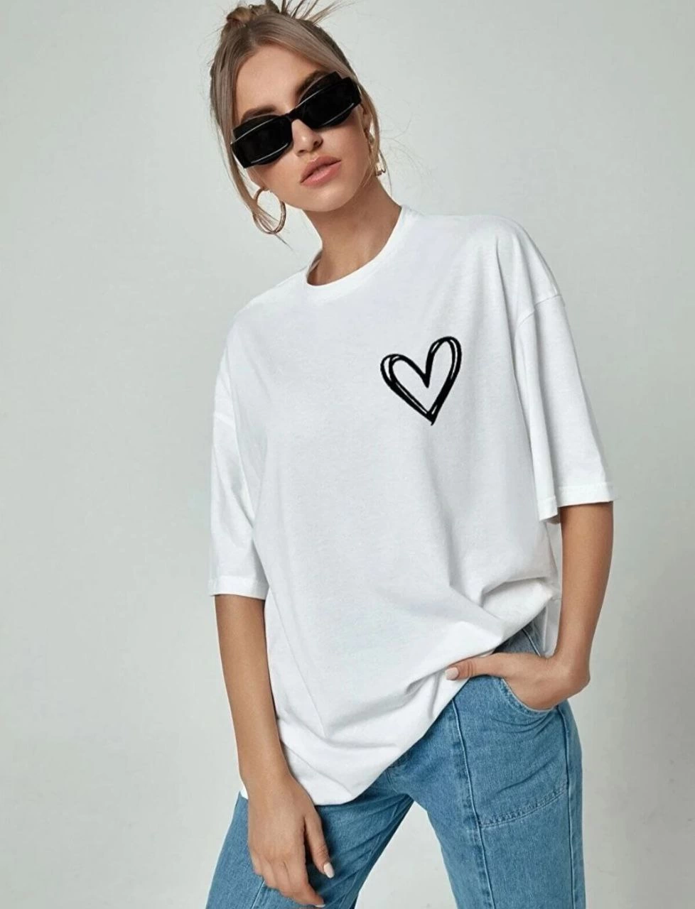 ASSEMA Kadın Bisiklet Yaka Baskılı Oversize T-Shirt - Beyaz