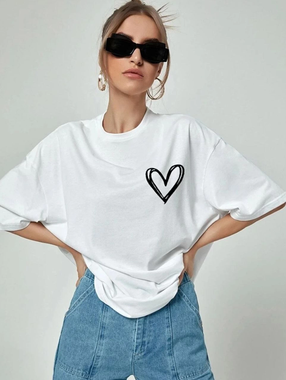 ASSEMA Kadın Bisiklet Yaka Baskılı Oversize T-Shirt - Beyaz