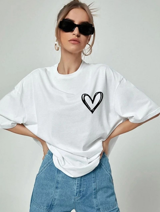 ASSEMA Kadın Bisiklet Yaka Baskılı Oversize T-Shirt - Beyaz