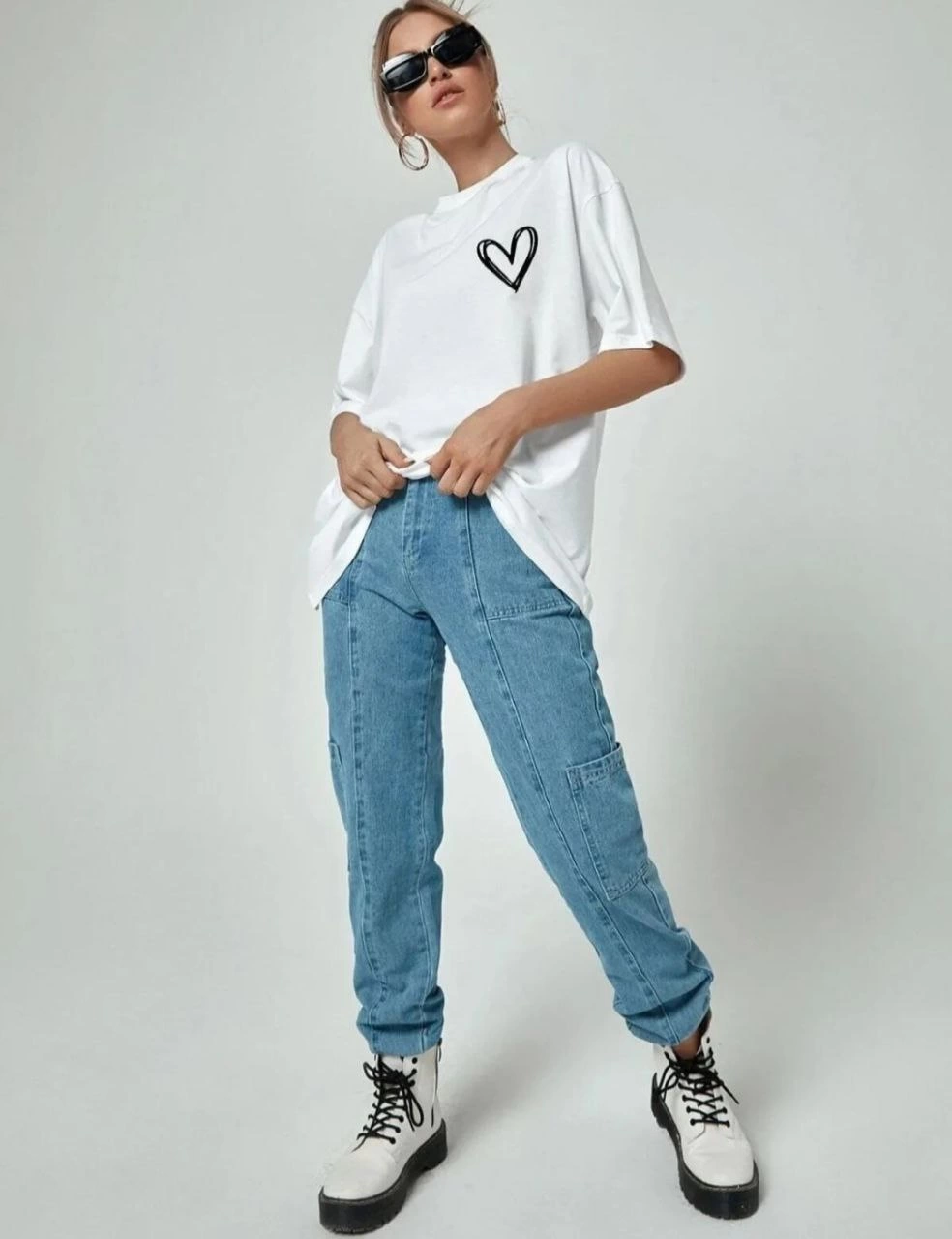 ASSEMA Kadın Bisiklet Yaka Baskılı Oversize T-Shirt - Beyaz