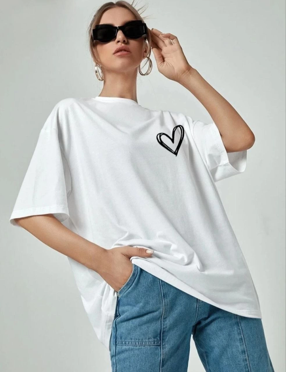 ASSEMA Kadın Bisiklet Yaka Baskılı Oversize T-Shirt - Beyaz