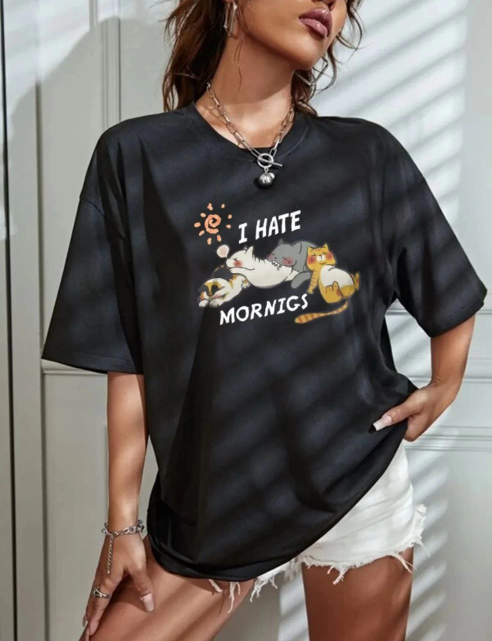 ASSEMA Kadın Bisiklet Yaka Baskılı Oversize T-Shirt - Siyah