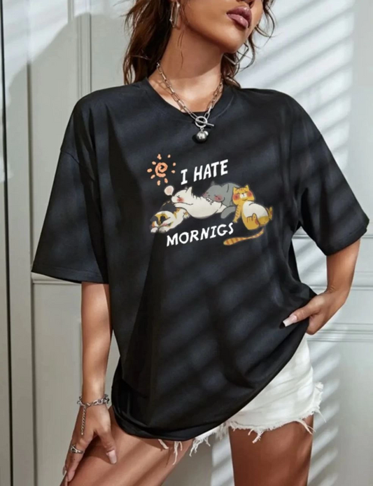 ASSEMA Kadın Bisiklet Yaka Baskılı Oversize T-Shirt - Siyah
