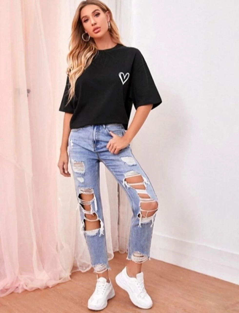 ASSEMA Kadın Bisiklet Yaka Baskılı Oversize T-Shirt - Siyah