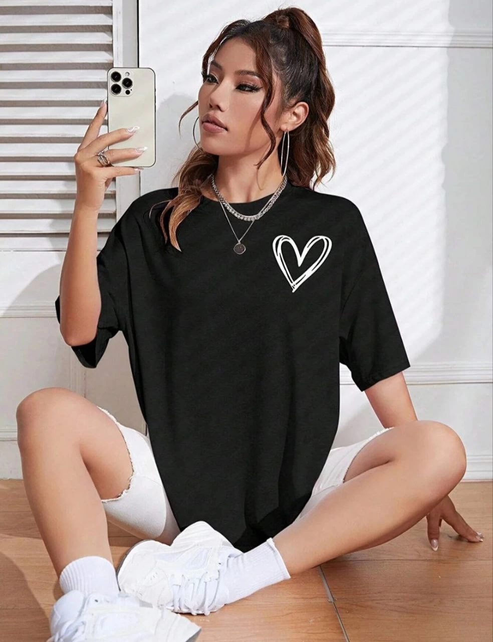 ASSEMA Kadın Bisiklet Yaka Baskılı Oversize T-Shirt - Siyah