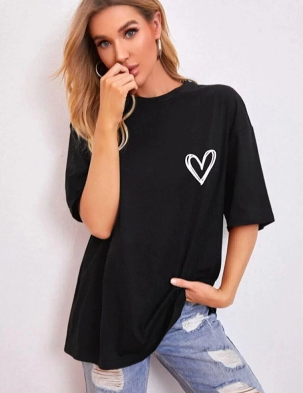 ASSEMA Kadın Bisiklet Yaka Baskılı Oversize T-Shirt - Siyah