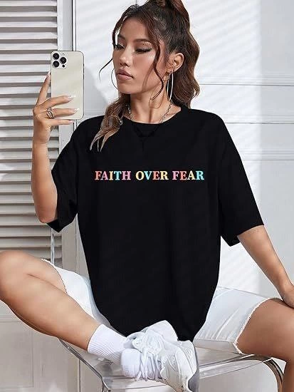 ASSEMA Kadın Baskılı T-Shirt Kısa Kol Bisiklet Yaka Ovarsize Rahat Kalıp Tişört -  Siyah