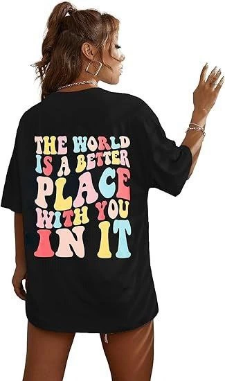 ASSEMA Kadın Baskılı T-Shirt Kısa Kol Bisiklet Yaka Ovarsize Rahat Kalıp Tişört -  Siyah