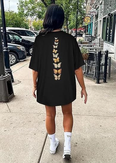 ASSEMA Kadın Baskılı T-Shirt Kısa Kol Bisiklet Yaka Ovarsize Rahat Kalıp Tişört -  Siyah