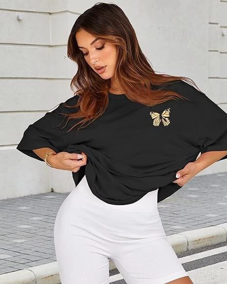 ASSEMA Kadın Baskılı T-Shirt Kısa Kol Bisiklet Yaka Ovarsize Rahat Kalıp Tişört -  Siyah